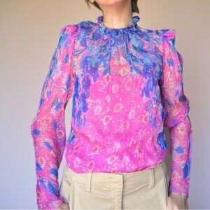 Saloni Mel B Floral Silk Blouse Pink Blue Size Small